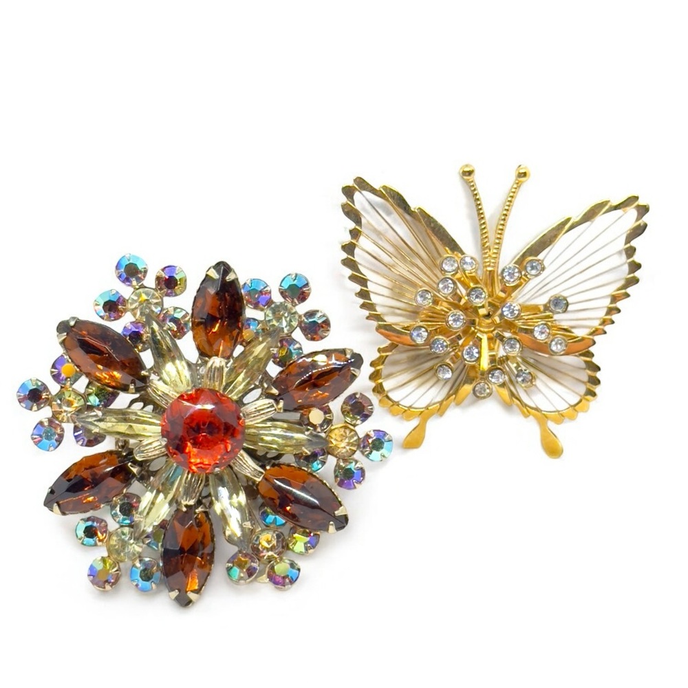 Vintage Monet Butterfly & Unmarked Rhinestone & Aurora Borealis Brooch